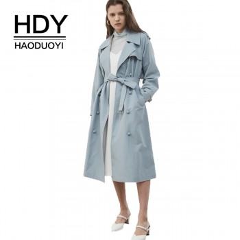 HDY Haoduoyi Women Casual Solid Color Double Breasted Outwear Sashes Office Coat Chic Epaulet Design Long Trench Coat Autumn